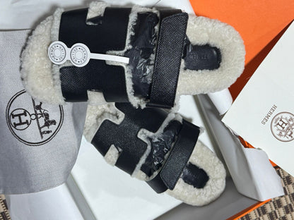 Pantoufle Mule Hermès en Shearling et daim