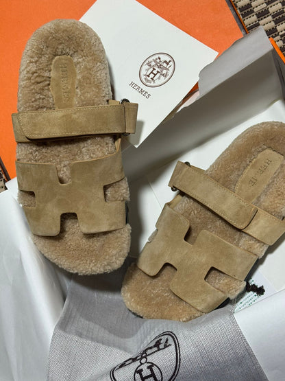 Pantoufle Mule Hermès en Shearling et daim