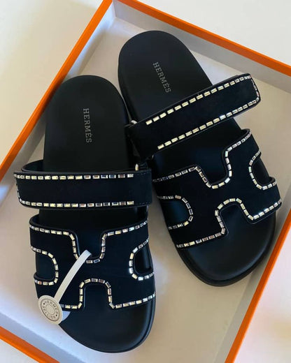 Sandale Hermès Chypre en Velours Noir avec Strass