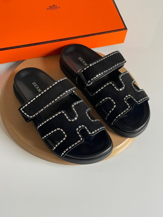 Sandale Hermès Chypre en Velours Noir avec Strass