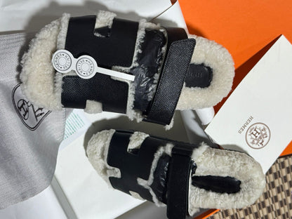 Pantoufle Mule Hermès en Shearling et daim