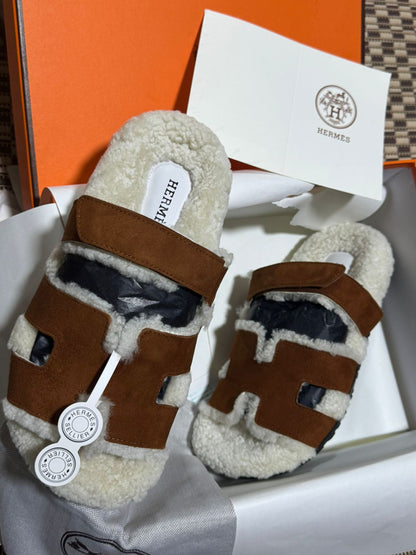 Pantoufle Mule Hermès en Shearling et daim